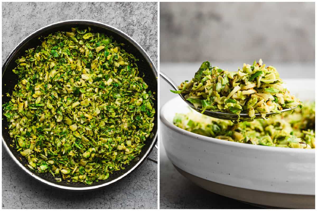 Two images showing chopped brussel sprouts sautéed in a pan until cooked then being served in a large bowl with a spoon lifting up the bite. 