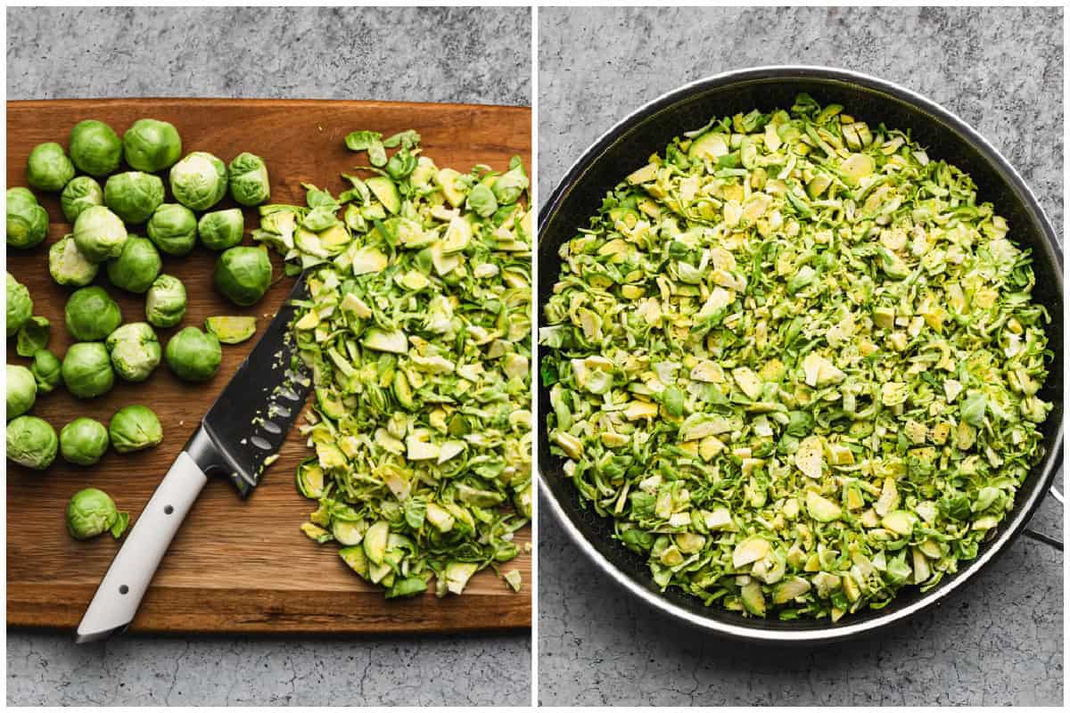 Two images showing how to shred brussel sprouts by chopping them finely with a knife then adding to a large skillet. 