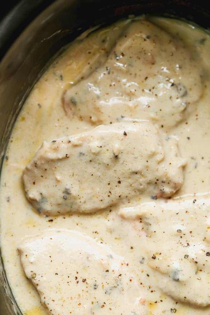 Pork chops in a crockpot with gravy.