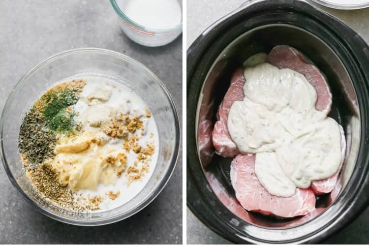 Two process photos for making crockpot pork chops.