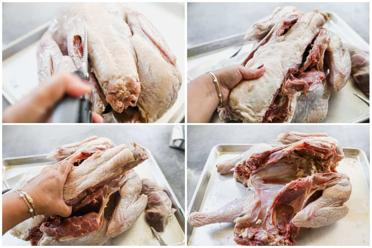 Four images showing how to spatchcock a turkey by using sharp kitchen shears to remove the backbone. 