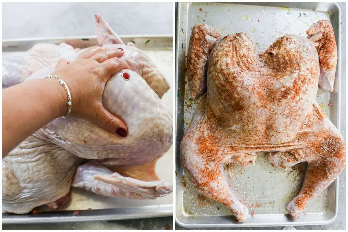 Two images showing a spatchcock turkey being pressed flat then after seasoning is added and it's ready to bake. 