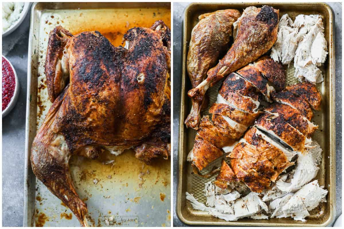 Two images showing a spatchcock turkey after it's out of the oven then after it's carved, ready to serve.