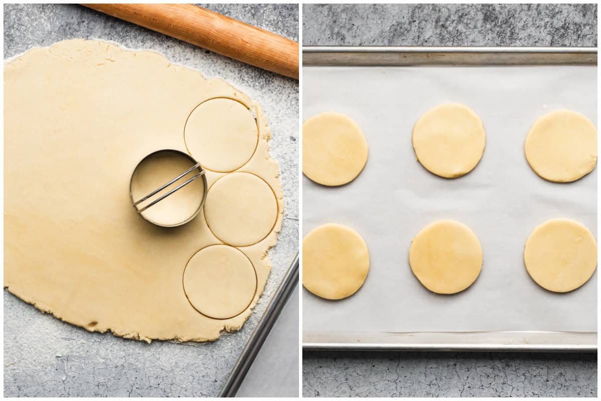 Two images showing homemade sugar cookies being cut out of the dough then transferred to a parchment lined baking sheet. 