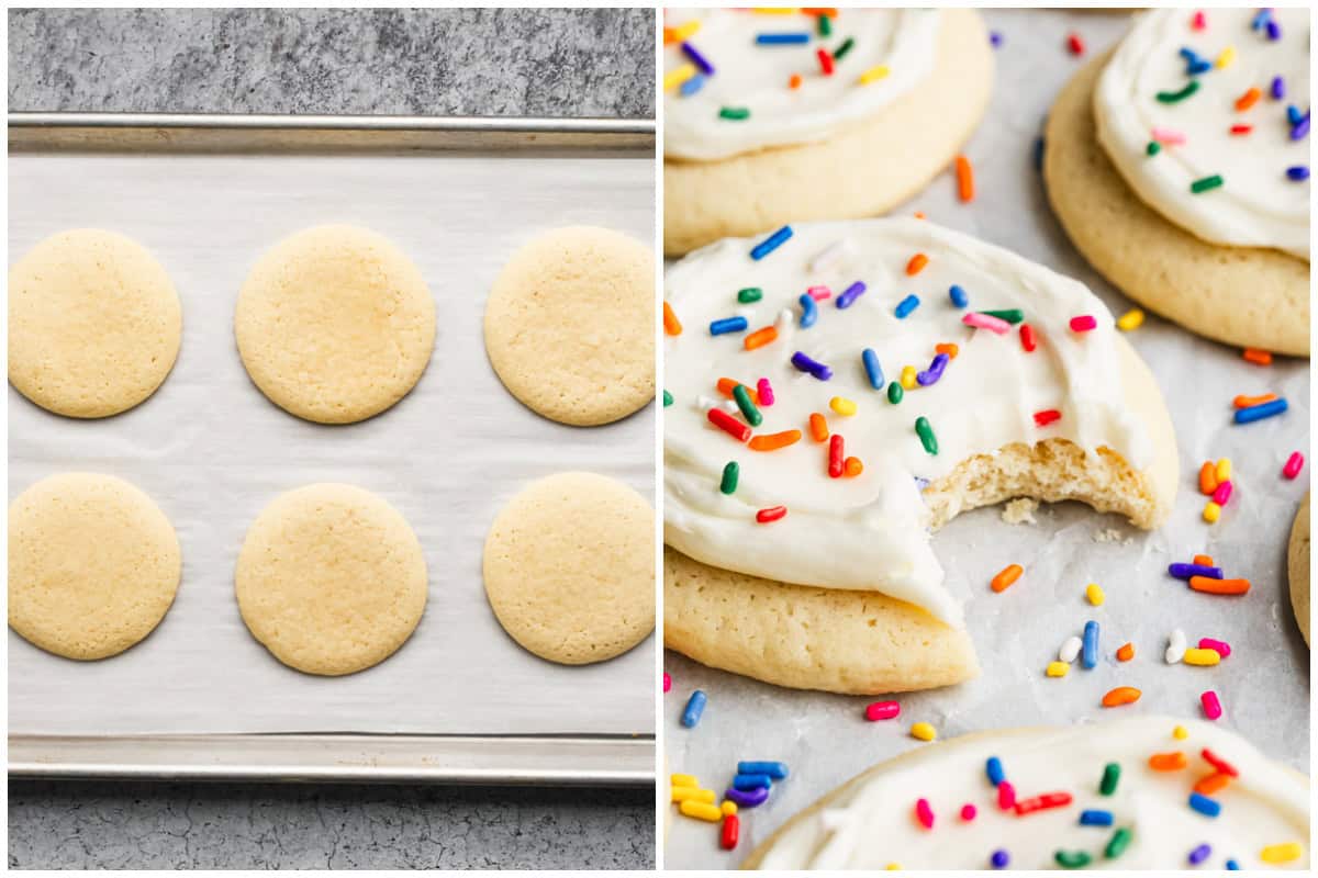 Two images showing easy sugar cookies freshly baked then frosted and sprinkles added then a bite taken out of the cookie. 