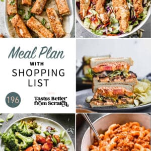 A collage of 5 dinner recipes from meal plan 196.