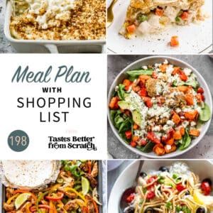 A collage of 5 dinner recipes from meal plan 198.