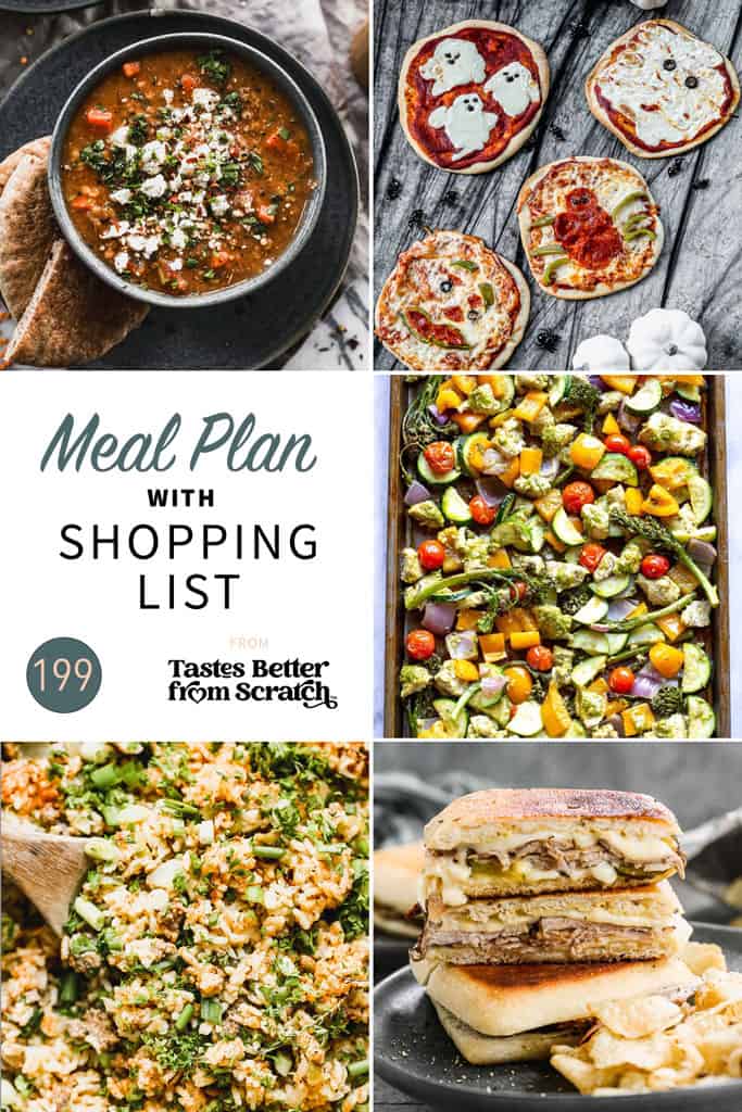 A collage of 5 dinner recipes from meal plan 199.