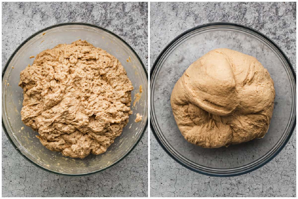 Two images showing how to make whole wheat bread by combining the ingredients and kneading until smooth and elastic. 