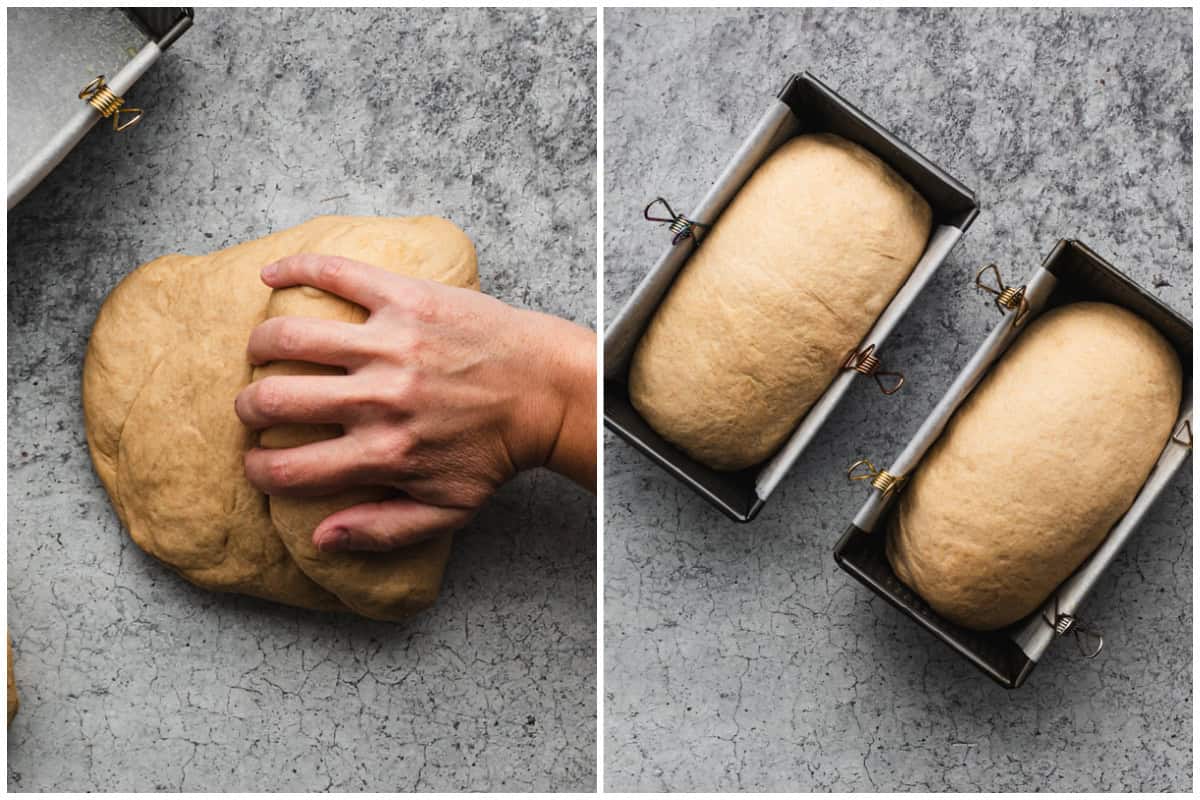 Two images showing a honey wheat bread recipe being shaped into loaves and placed in laof pans lined with parchment paper. 