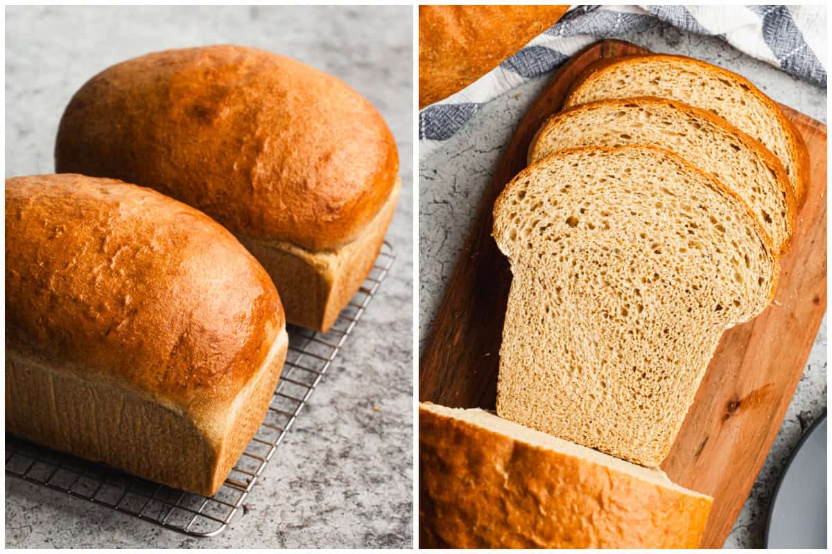 Two images showing a healthy whole wheat bread fresh out of the oven, cooling on a wire rack then after a few slices are cut. 