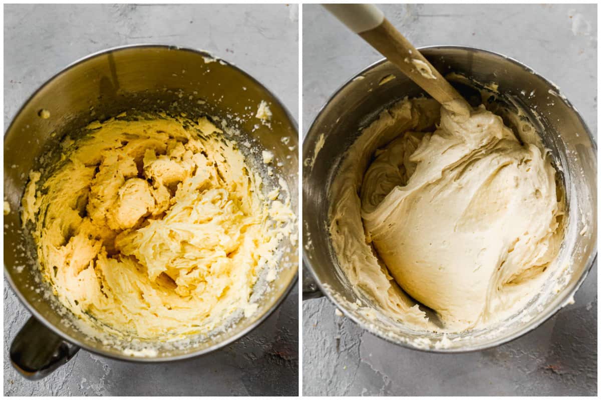 Two images showing wet ingredients combined for a yellow cake batter, then after the dry ingredients are folded in. 